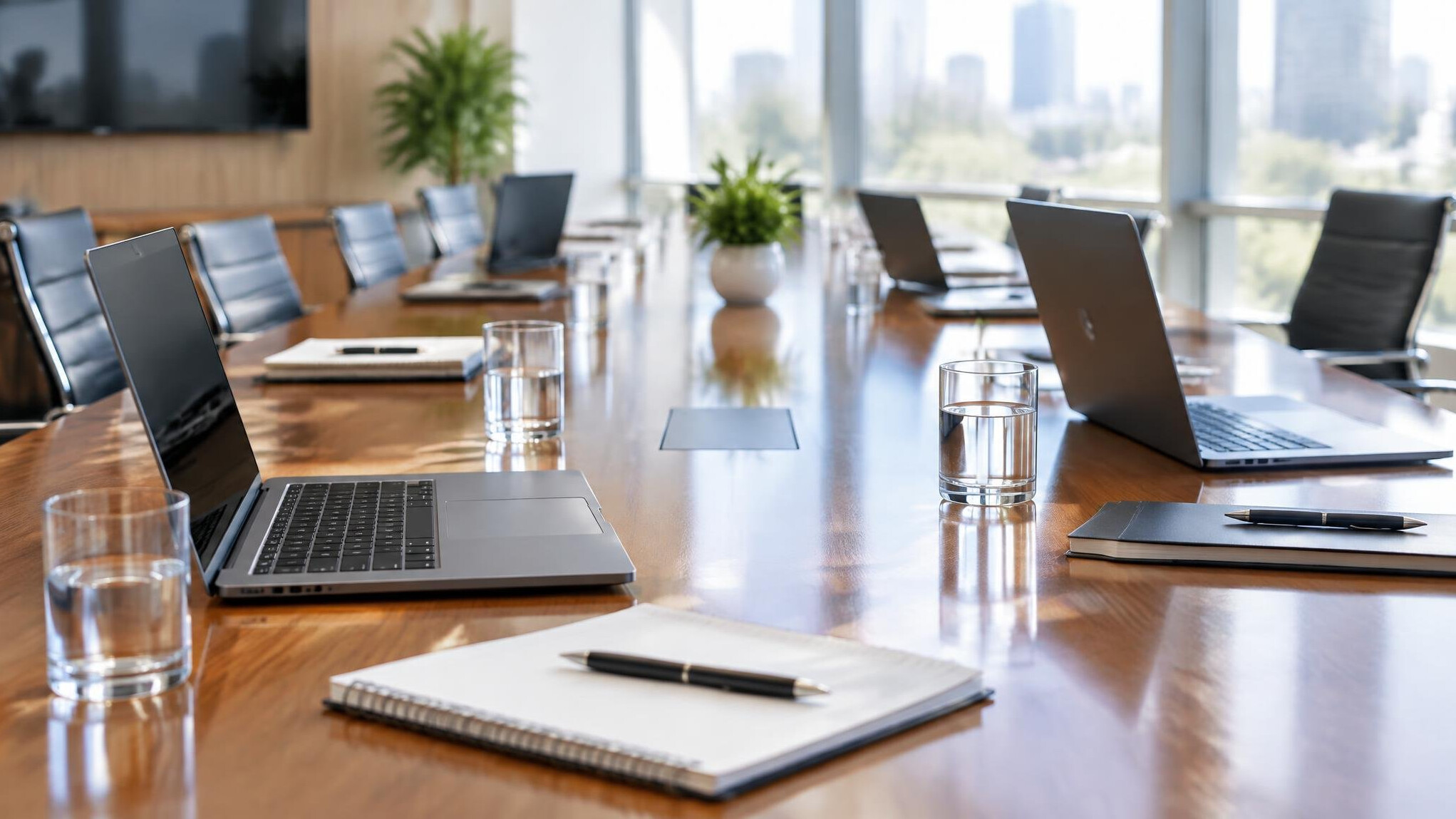 Laptops and notebooks on a long conference table